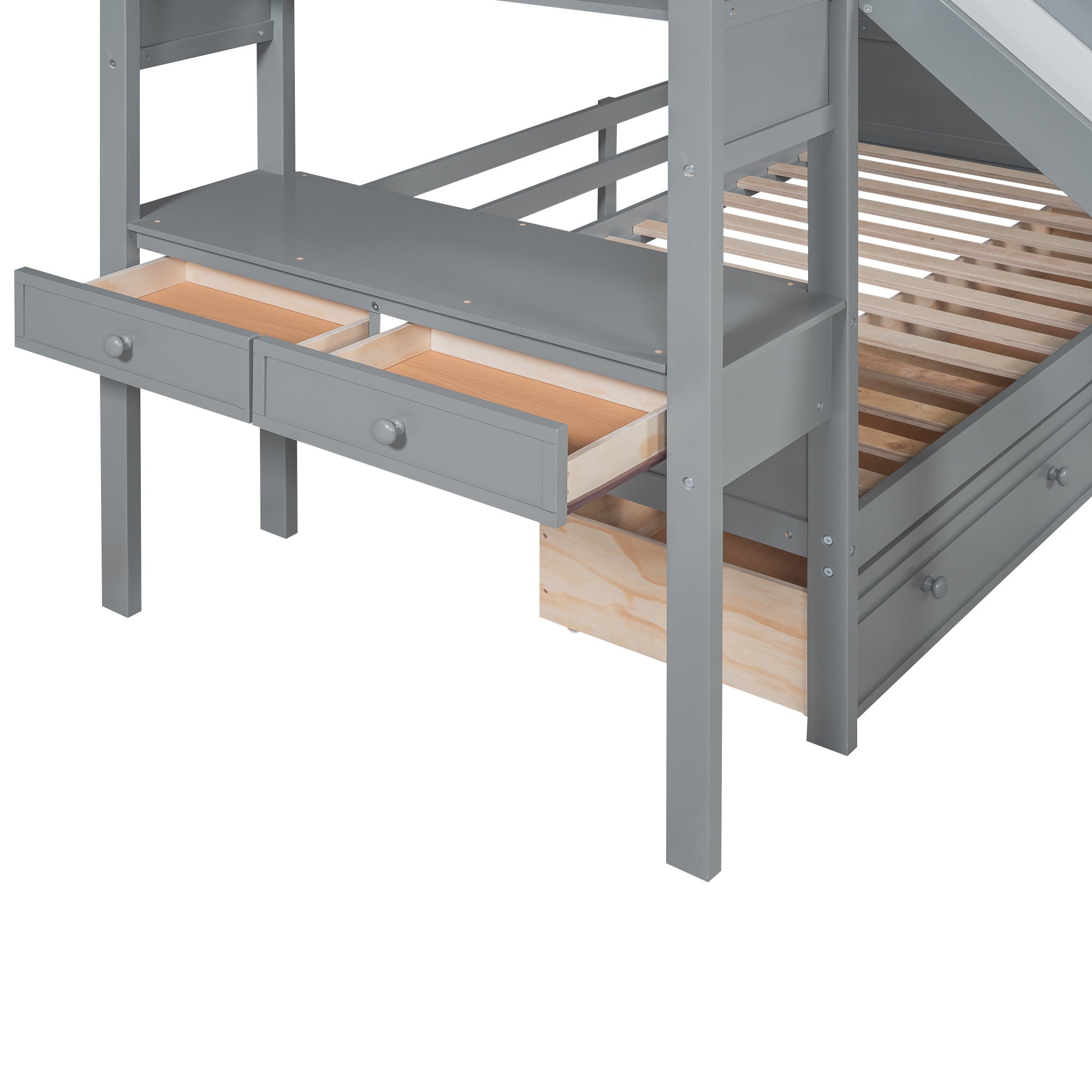Twin over Twin Bunk Bed with Storage Staircase, Slide and Drawers, Desk with Drawers and Shelves Gray