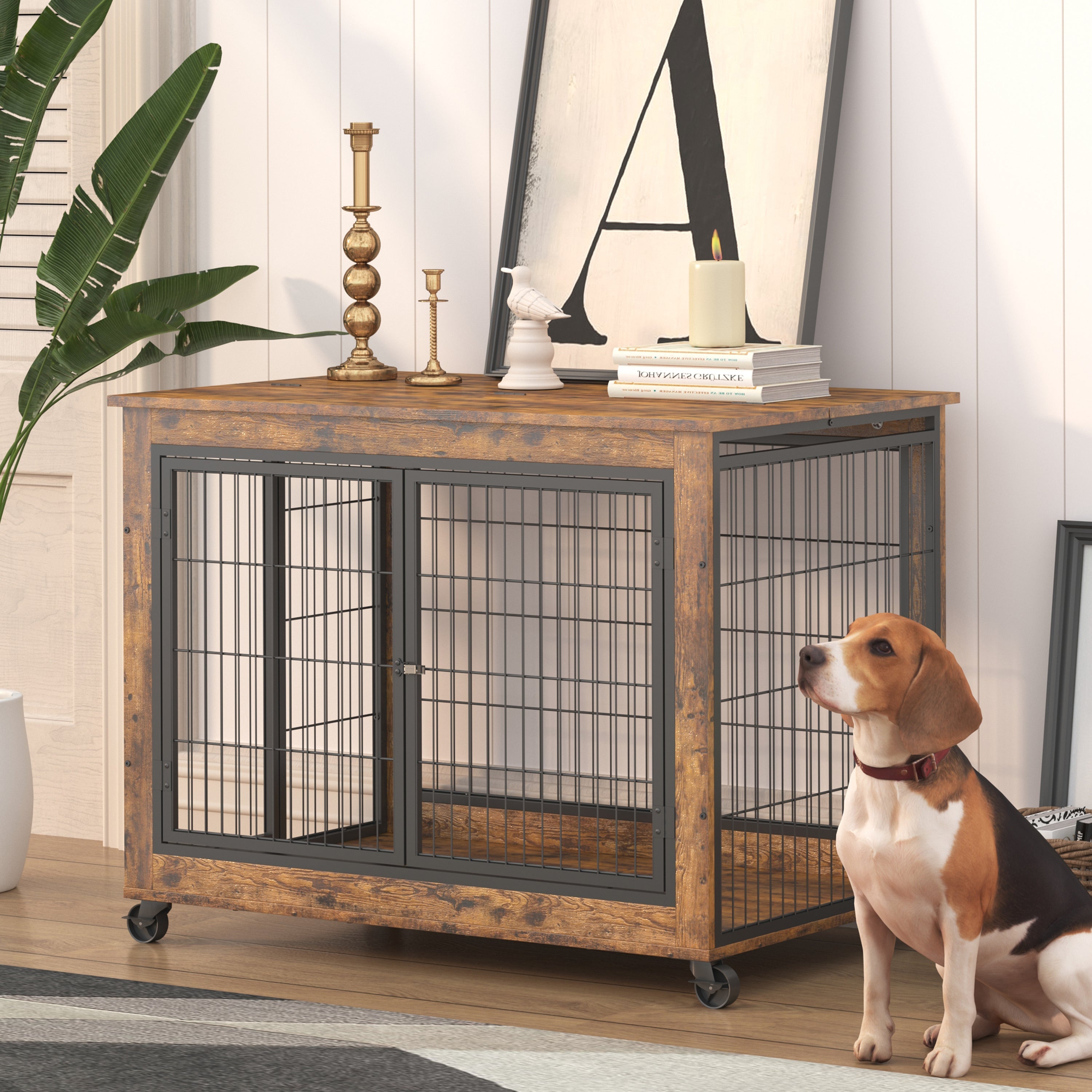 Furniture Dog Cage Crate with Double Doors, Rustic Brown, 38.58&