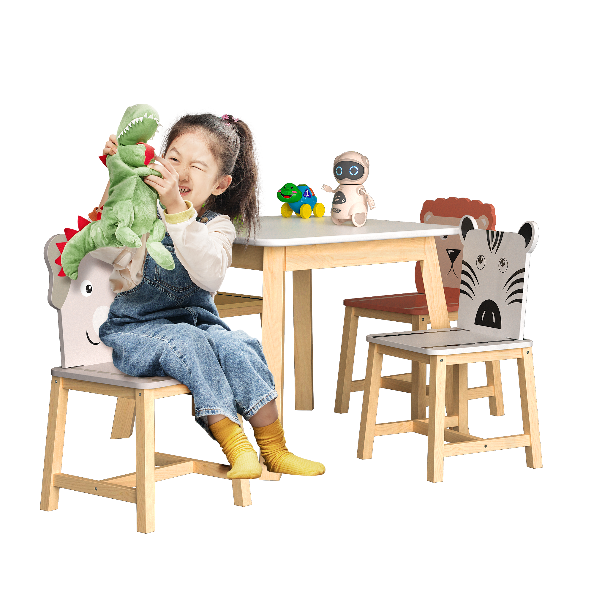 5 Piece Kiddy Table and Chair Set Kids Wood Table with 4 Chairs Set Cartoon Animals (bigger table) (3-8 years old)