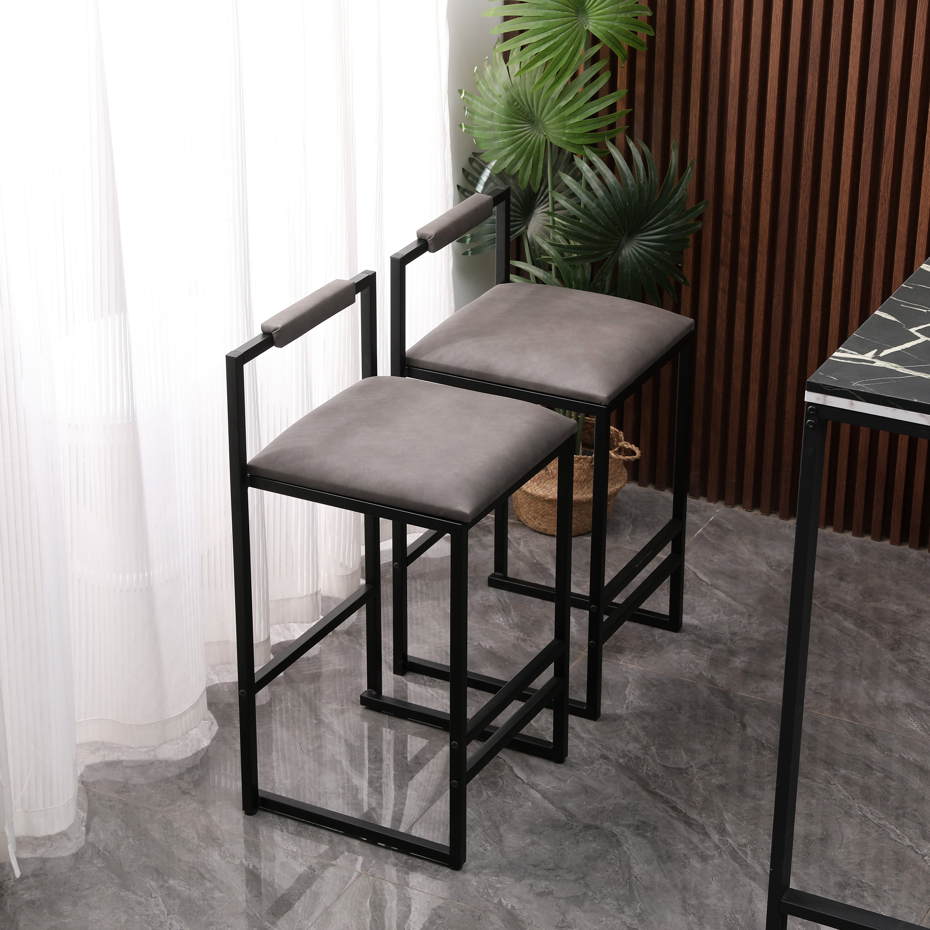 Set of 2 Counter Height Barstools Kitchen Island Stools (Gray with Back)