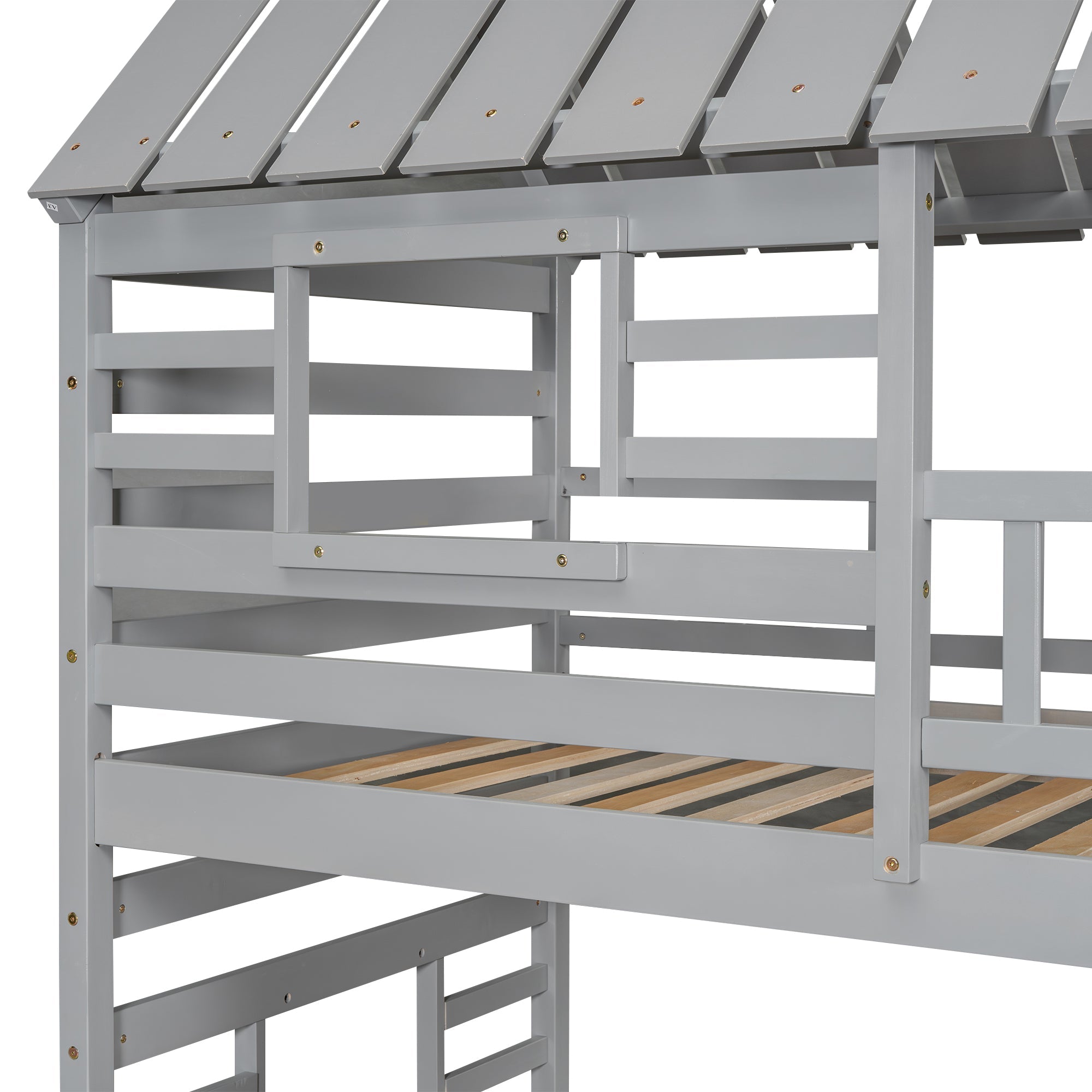 Twin over Twin House Bunk Bed with Trundle and Slide Storage Staircase, Roof and Window Design Gray