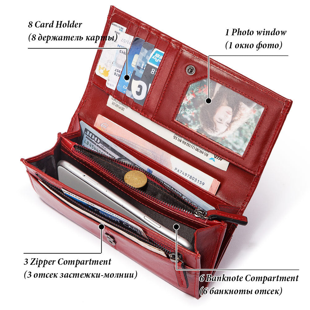 Anti-Theft Brushed Genuine Leather Ladies Wallet Top Layer Cowhide Long Women&