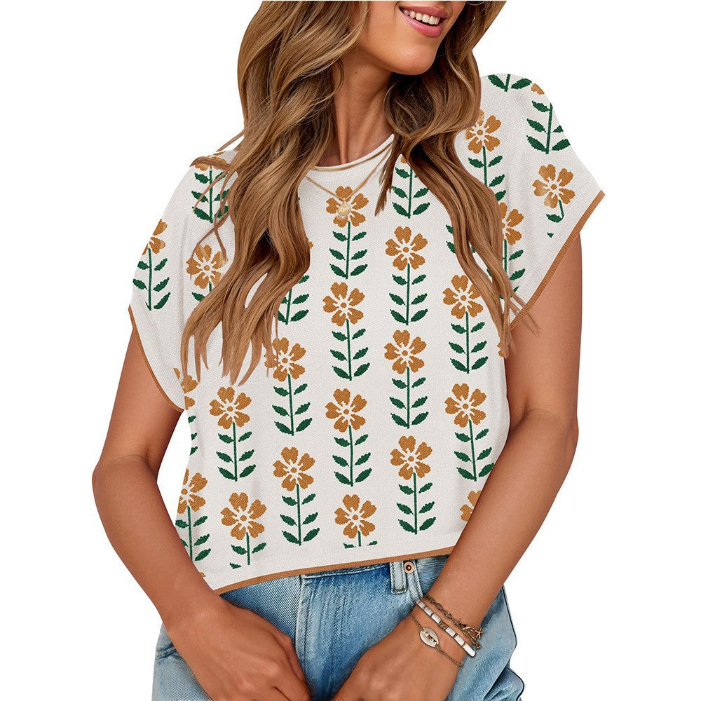 European and American round neck knitted small flower top