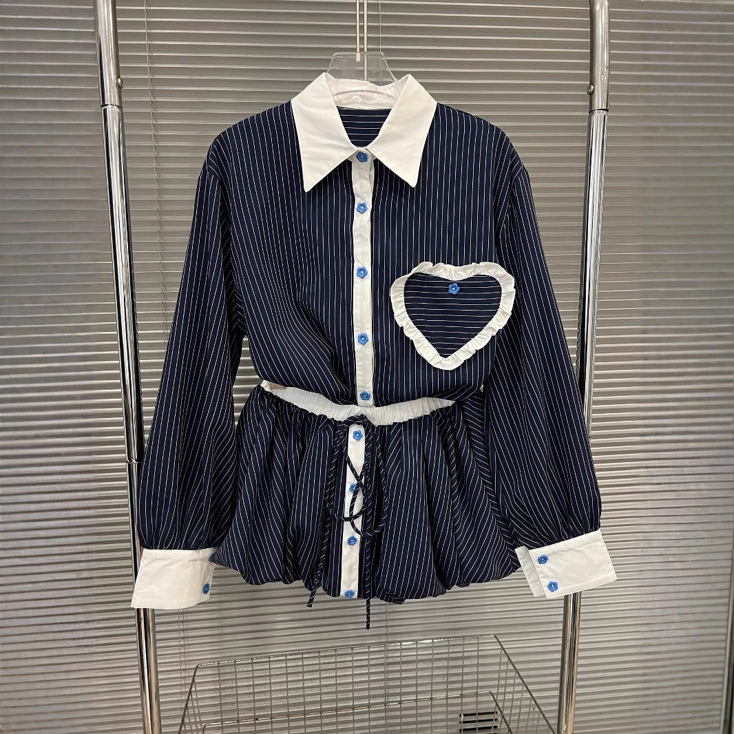 Fashion contrasting polo collar heart striped shirt top women&