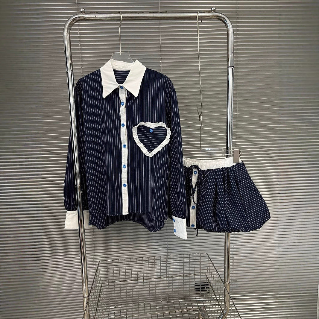 Fashion contrasting polo collar heart striped shirt top women&