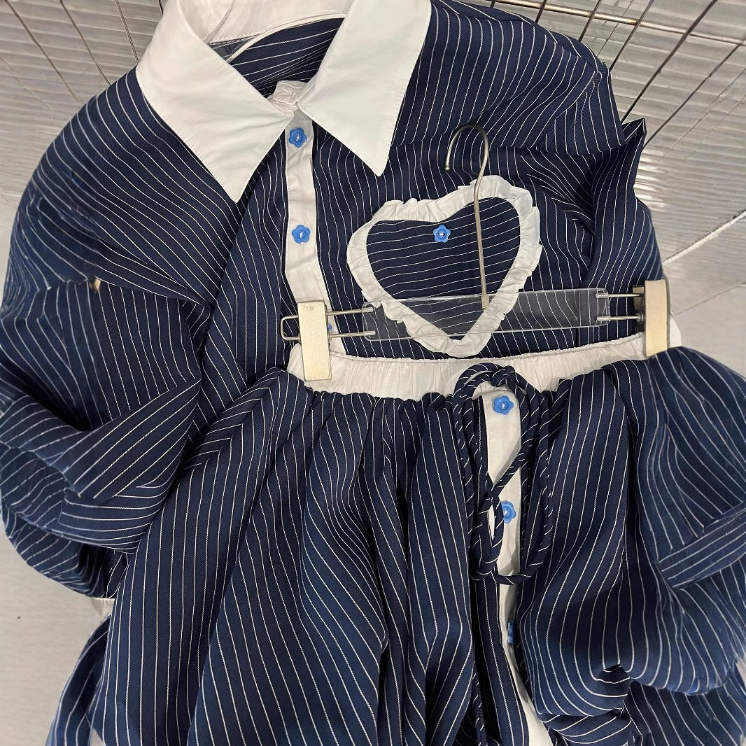 Fashion contrasting polo collar heart striped shirt top women&