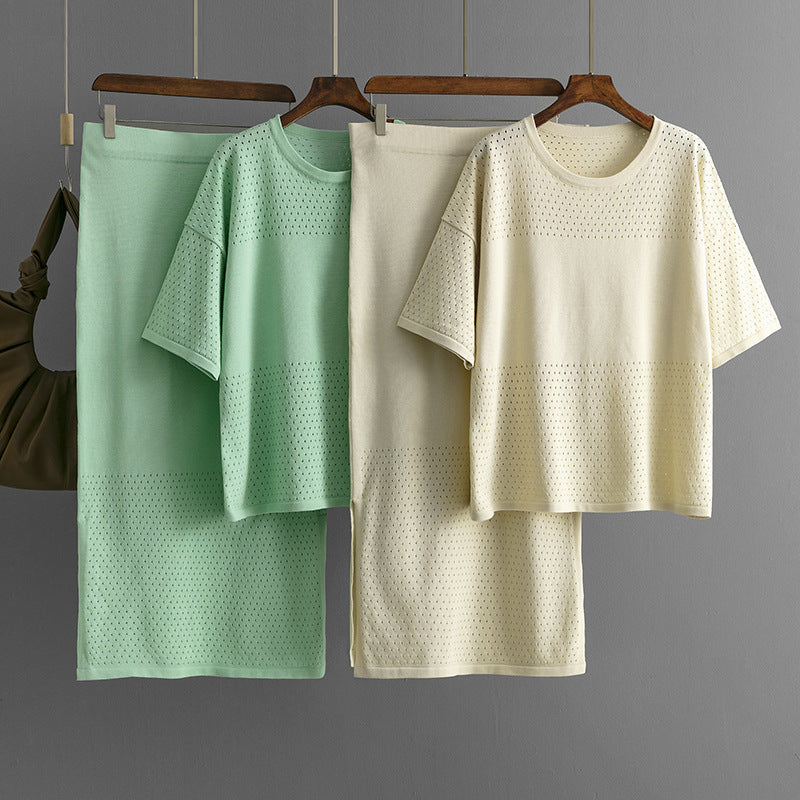 Hollow out short sleeved knitted top half skirt two-piece set women&