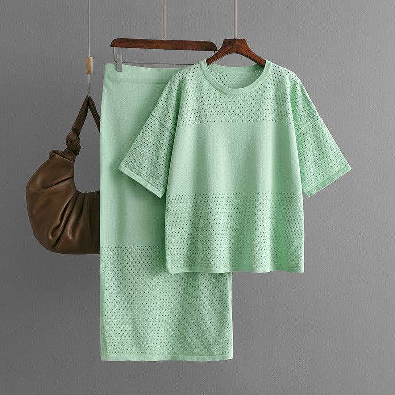 Hollow out short sleeved knitted top half skirt two-piece set women&