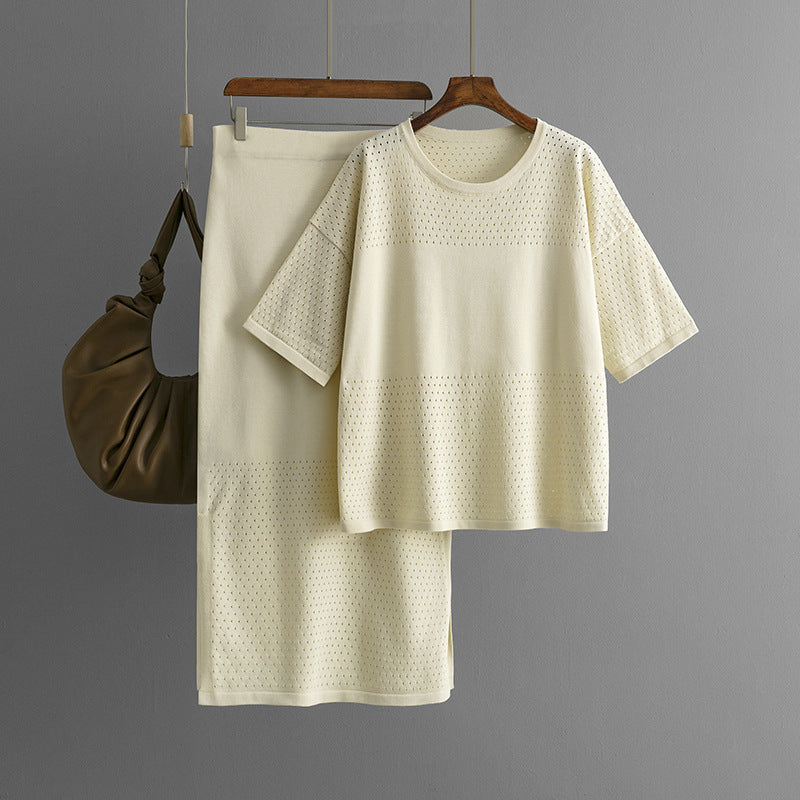 Hollow out short sleeved knitted top half skirt two-piece set women&