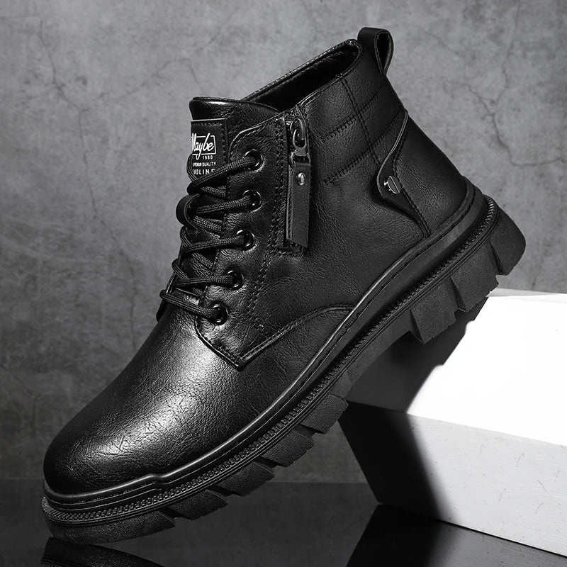Men Retro Work Ankle Boots Autumn Winter Thick Bottom High Top Casual Boots Leather Boots Chelsea Desert Waterproof Boots Male