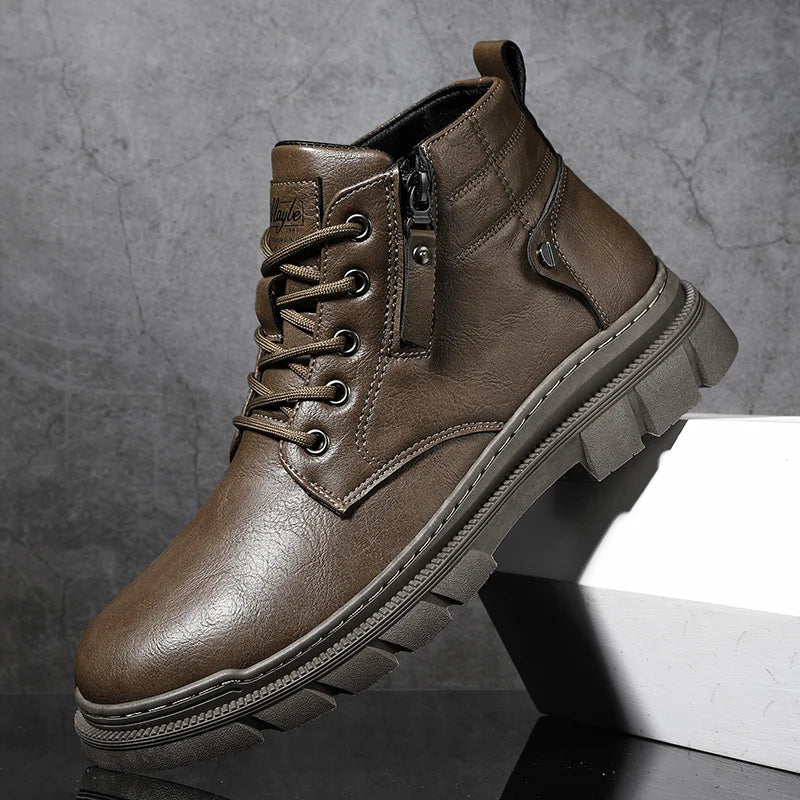 Men Retro Work Ankle Boots Autumn Winter Thick Bottom High Top Casual Boots Leather Boots Chelsea Desert Waterproof Boots Male