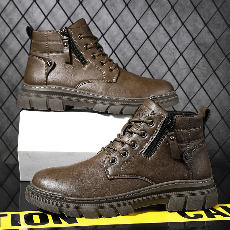 Men Retro Work Ankle Boots Autumn Winter Thick Bottom High Top Casual Boots Leather Boots Chelsea Desert Waterproof Boots Male
