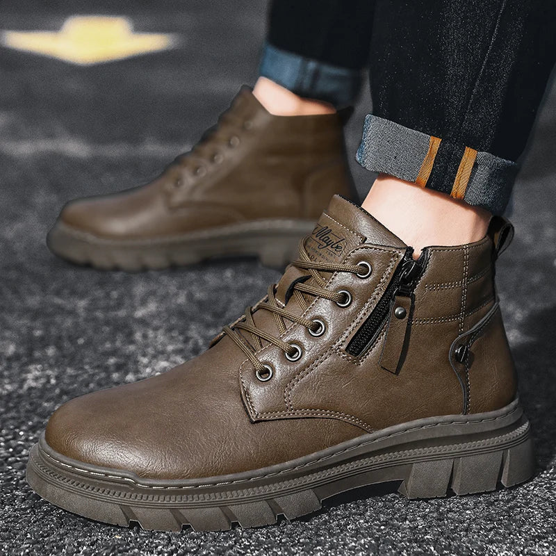 Men Retro Work Ankle Boots Autumn Winter Thick Bottom High Top Casual Boots Leather Boots Chelsea Desert Waterproof Boots Male