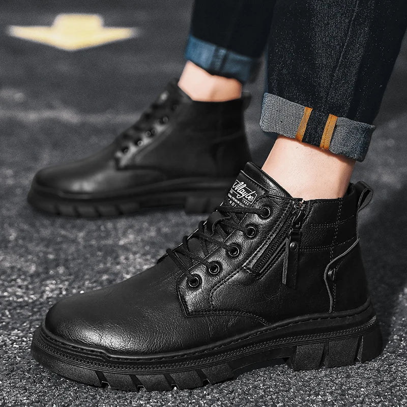 Men Retro Work Ankle Boots Autumn Winter Thick Bottom High Top Casual Boots Leather Boots Chelsea Desert Waterproof Boots Male