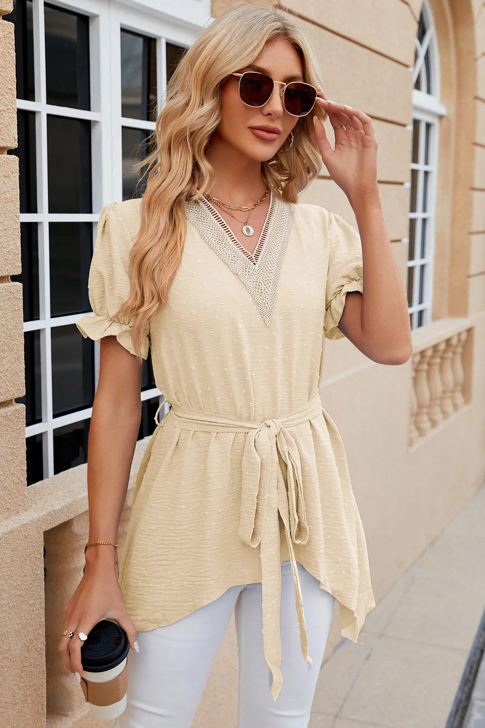 Solid color V-neck lace patchwork loose short sleeved dress