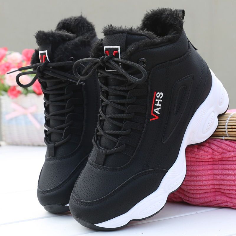 Sports shoes, casual with plush insulation, cotton shoes, leather surface, Korean version, versatile, high top, dad shoes, women&