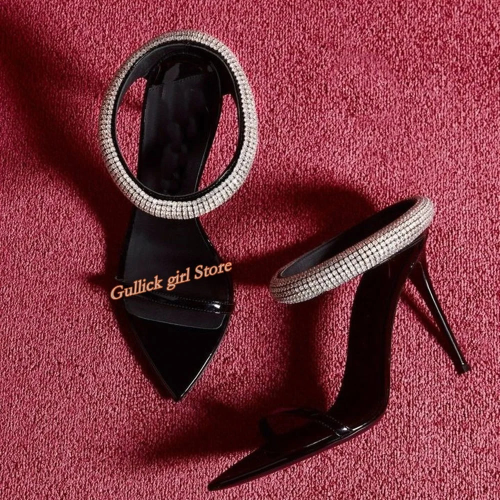 Top Quality Crystal Strap Stiletto Sandals Sexy Pointed Toe Black Patend Leather Slip On Fashion Summer New Arrivals Shoes