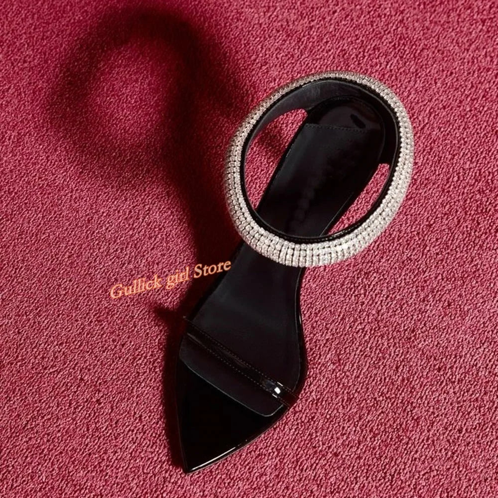 Top Quality Crystal Strap Stiletto Sandals Sexy Pointed Toe Black Patend Leather Slip On Fashion Summer New Arrivals Shoes
