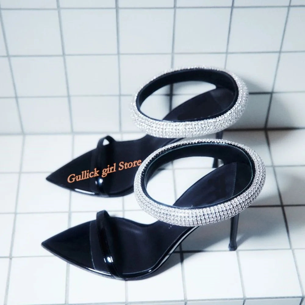 Top Quality Crystal Strap Stiletto Sandals Sexy Pointed Toe Black Patend Leather Slip On Fashion Summer New Arrivals Shoes