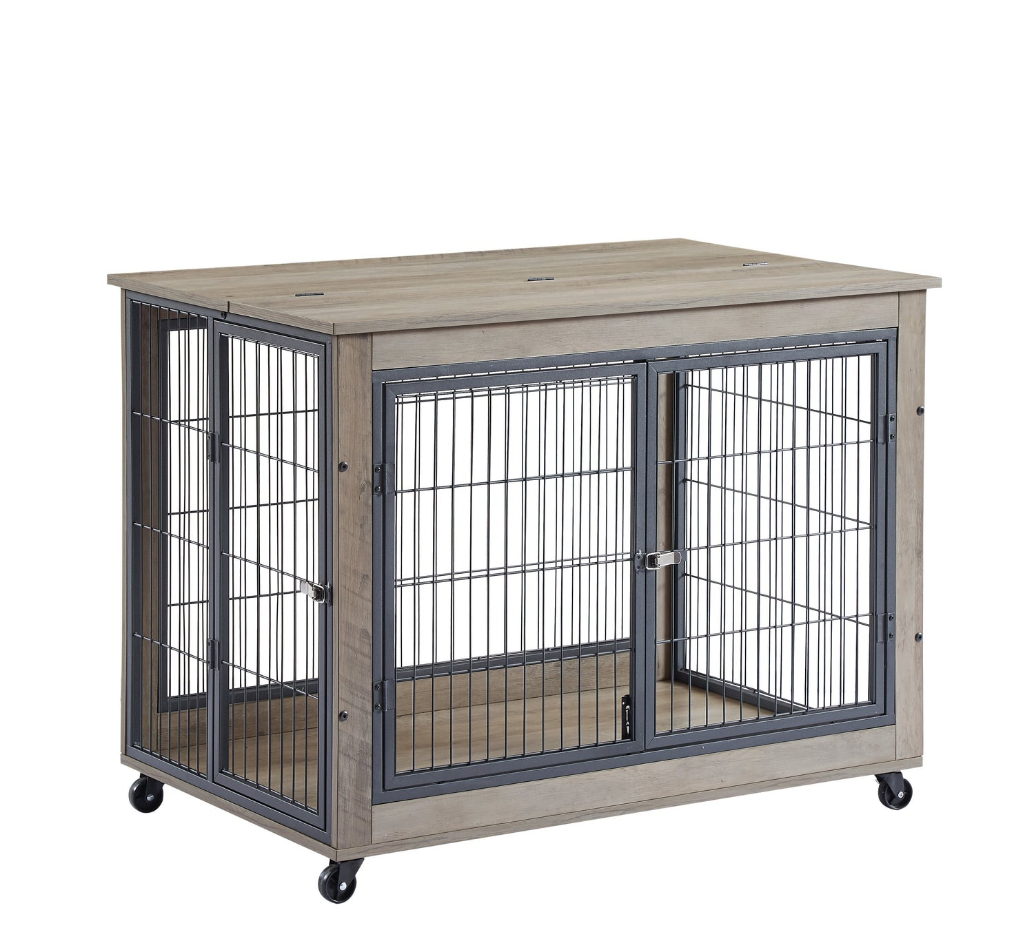 Furniture Style Dog Crate Side Table on Wheels with Double Doors and Lift Top.Grey,38.58&