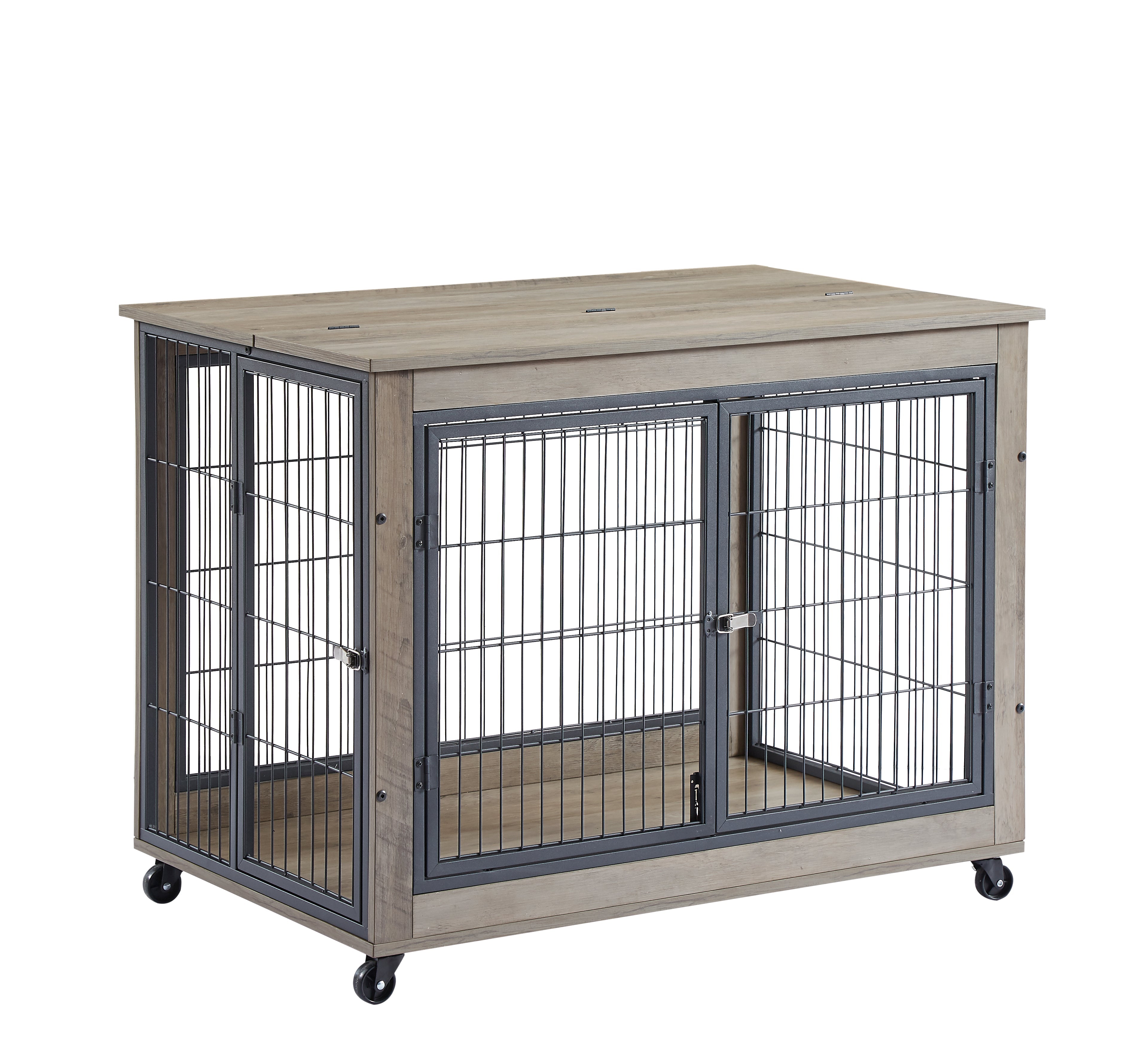 Furniture Style Dog Crate Side Table on Wheels with Double Doors and Lift Top.Grey,38.58&