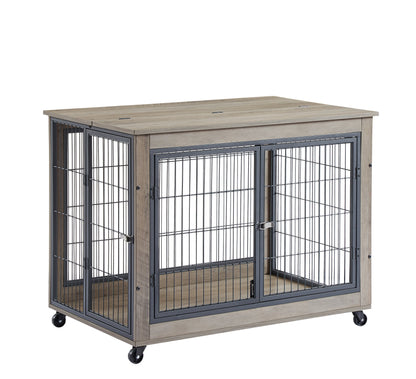 Furniture Style Dog Crate Side Table on Wheels with Double Doors and Lift Top.Grey,38.58&