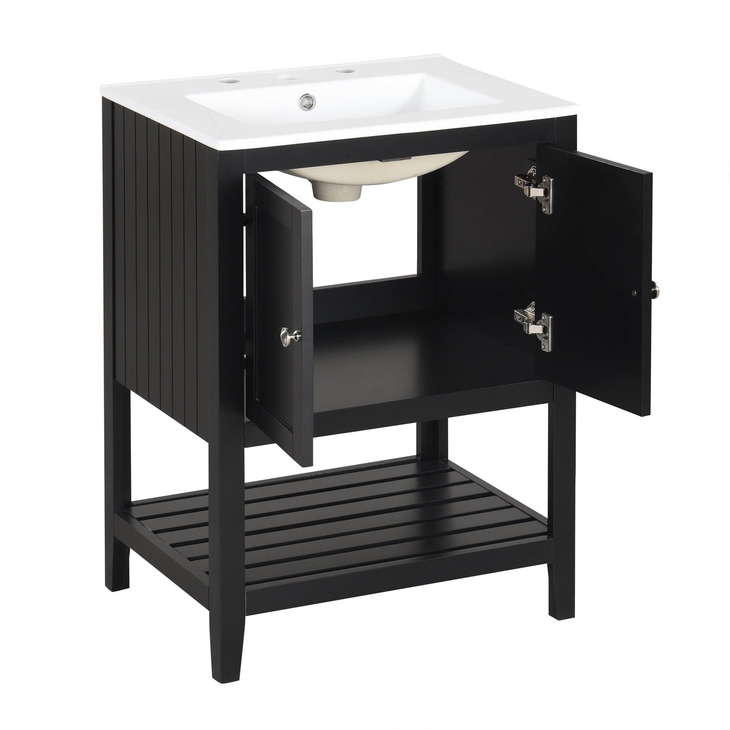 24" Black Modern Sleek Bathroom Vanity Elegant Ceramic Sink with Solid Wood Frame Open Style Shelf