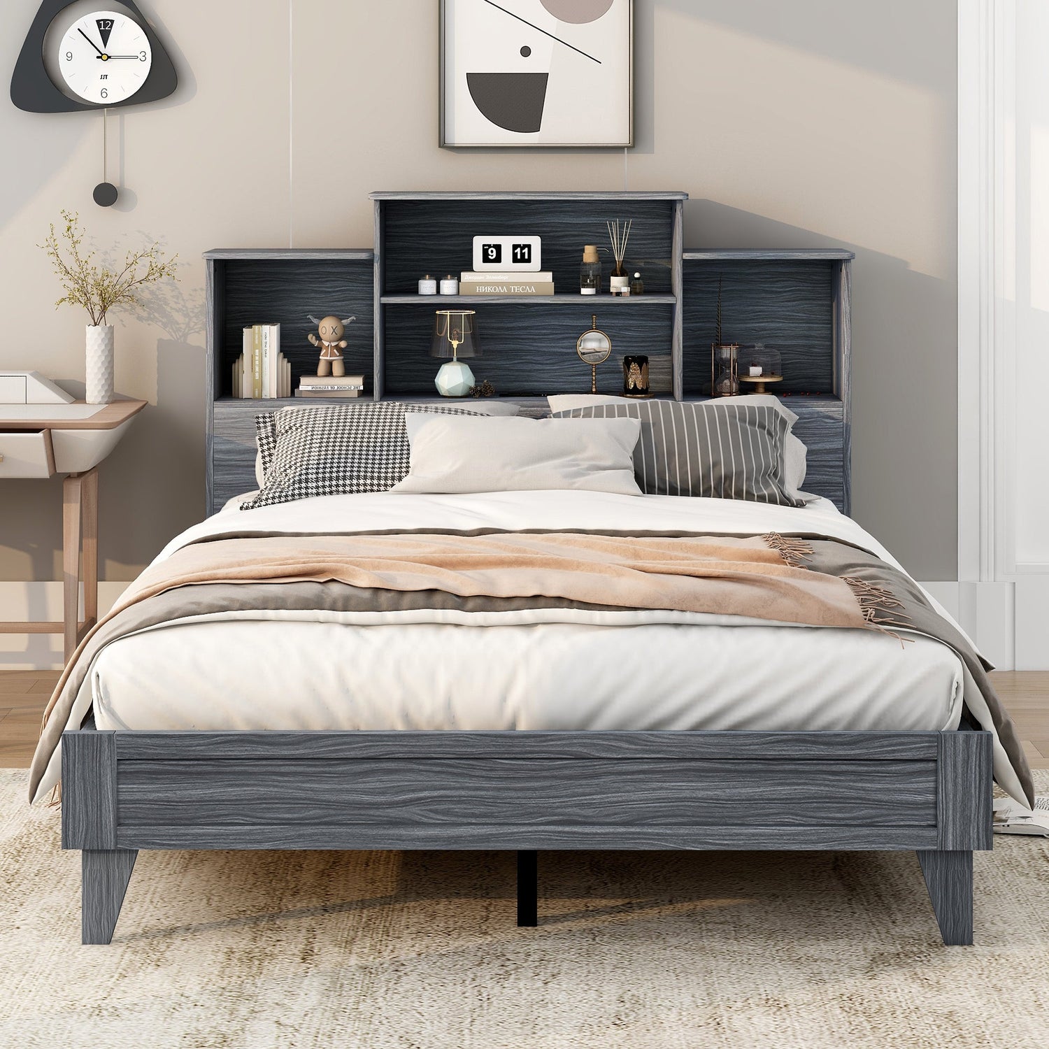 Queen Size Storage Platform Bed Frame with 4 Open Storage Shelves and USB Charging Design Gray