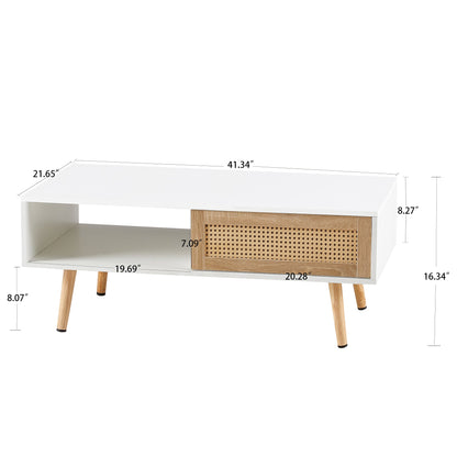41.34" Rattan Coffee table sliding door for storage solid wood legs White