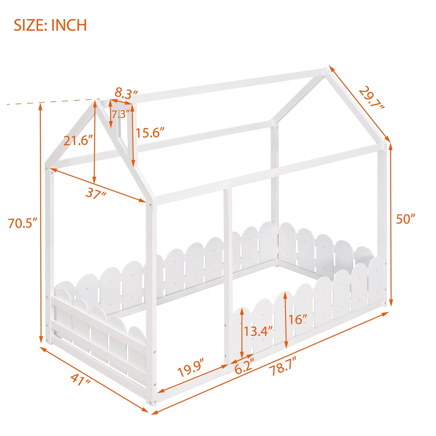 {Slats are not included}Twin Size Wood Bed House Bed Frame with Fence for KidsTeens Girls Boys {White}