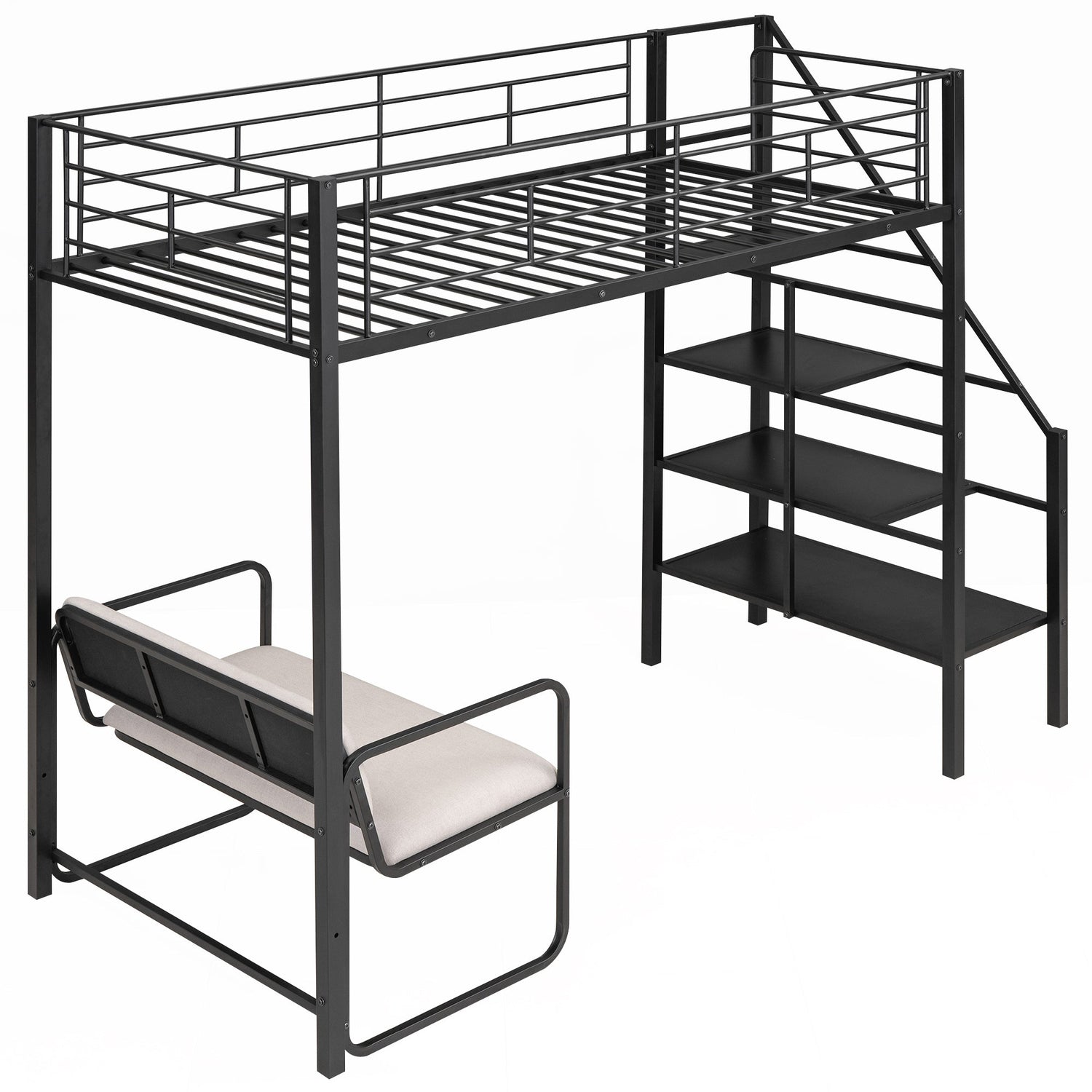 Twin Size Metal Loft Bed with Bench and Storage Staircase  Black