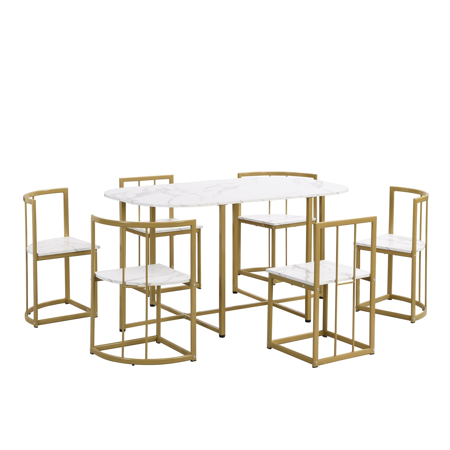TOPMAX Modern 7-Piece Dining Table Set with Faux Marble Compact 55Inch Kitchen Table Set for 6  Golden+White