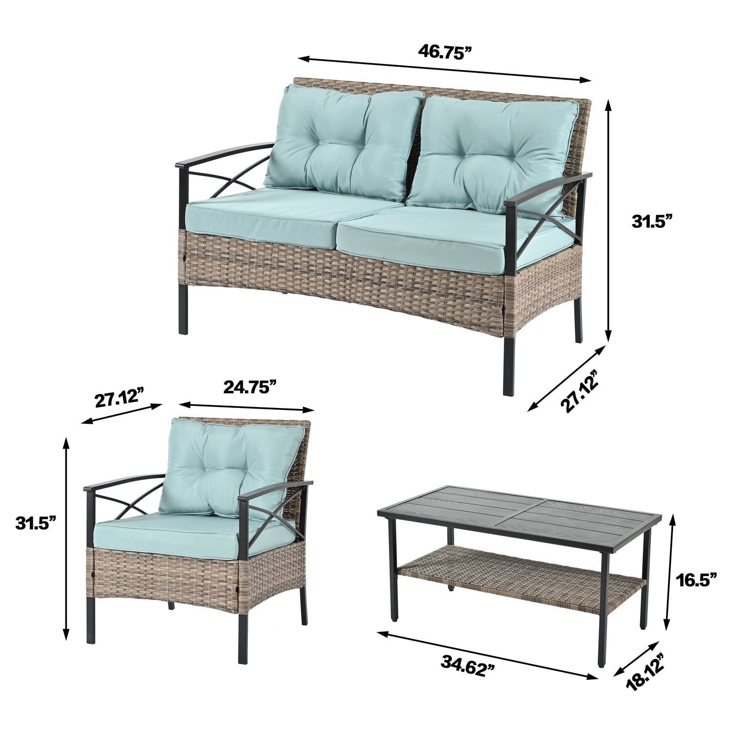 Patio Furniture, Outdoor Furniture, Seasonal PE Wicker Furniture, Four Set Wicker Furniture With Black Metal Table