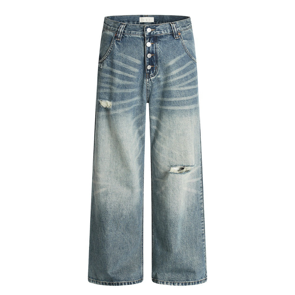 Hole-Washed Denim Long Pants Men&