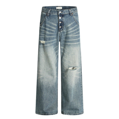 Hole-Washed Denim Long Pants Men&