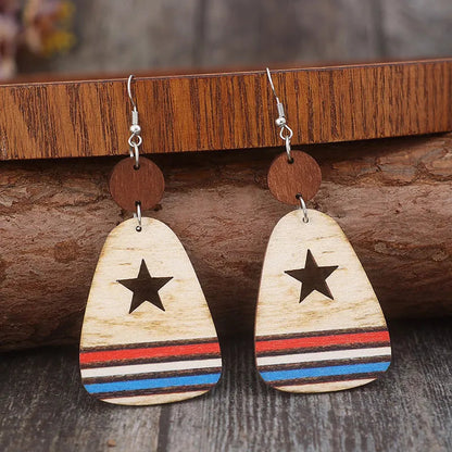 Cutout Star &amp; Stripes Wooden Dangle Earrings