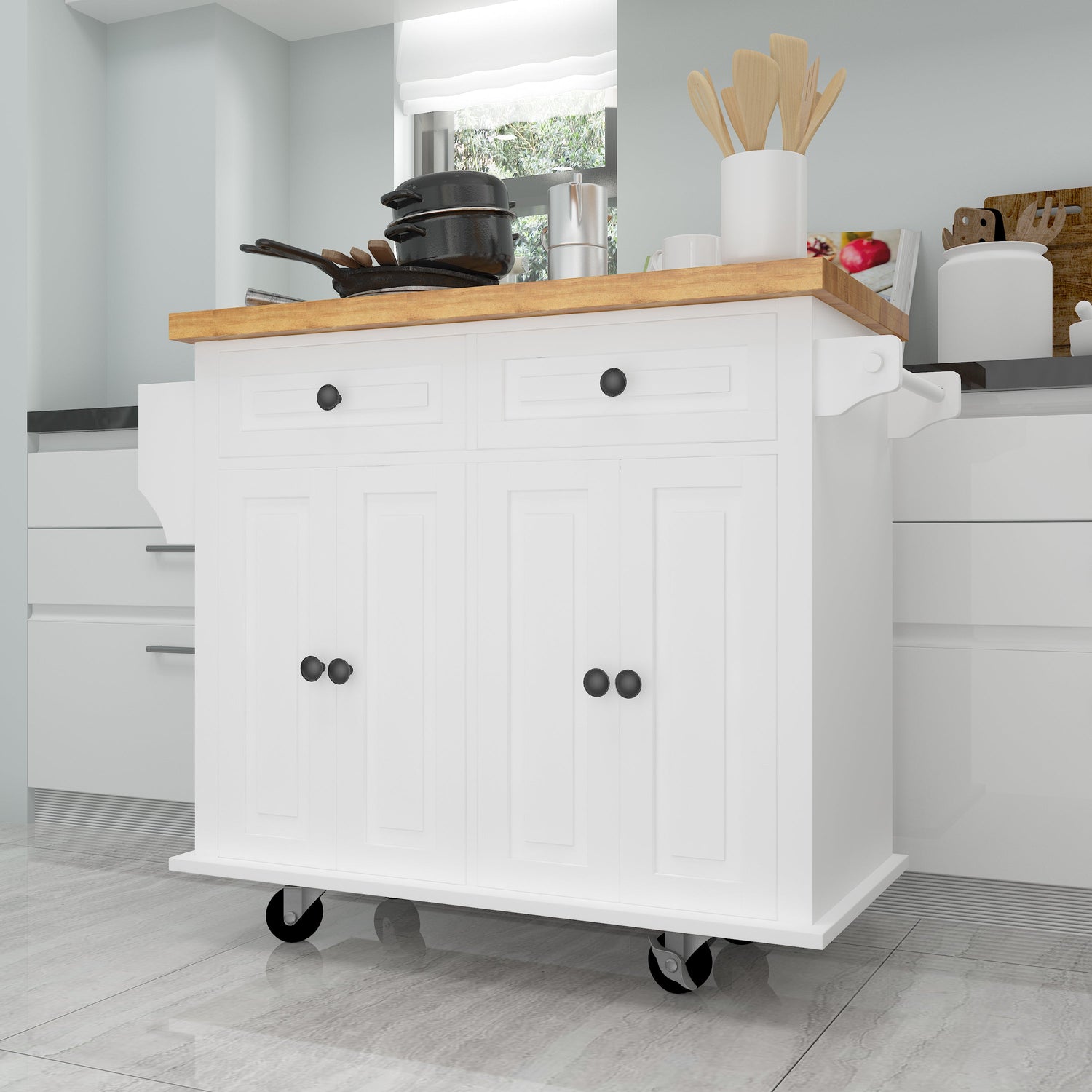 Kitchen Island Cart with Two Storage Cabinets and Two Locking Wheels 43.31 Inch Width 4 Door Cabinet and Two Drawers Spice Rack
