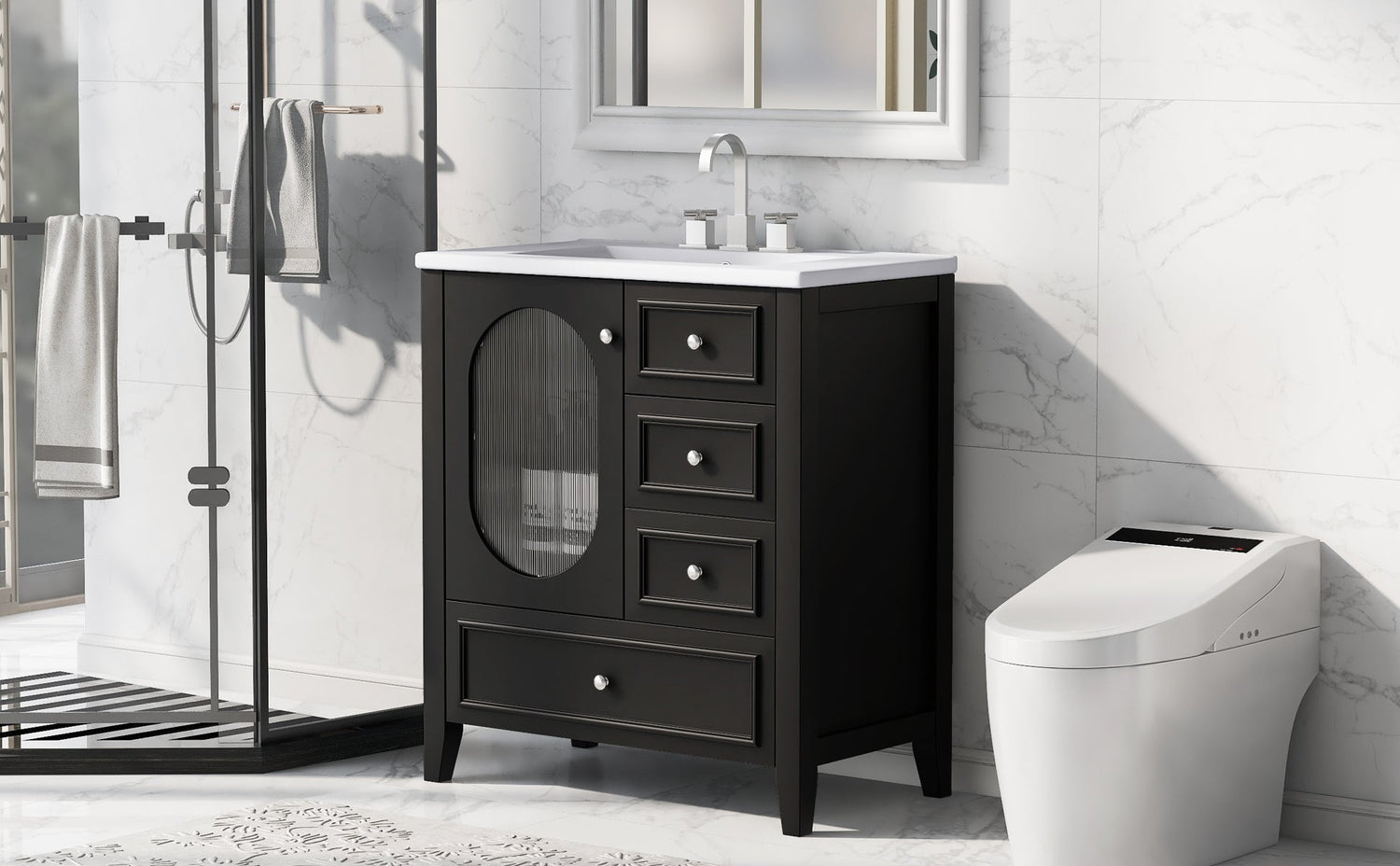30" Bathroom Vanity with Sink, Bathroom Vanity Cabinet with Three Drawers and Door, Solid Wood and MDF, Black
