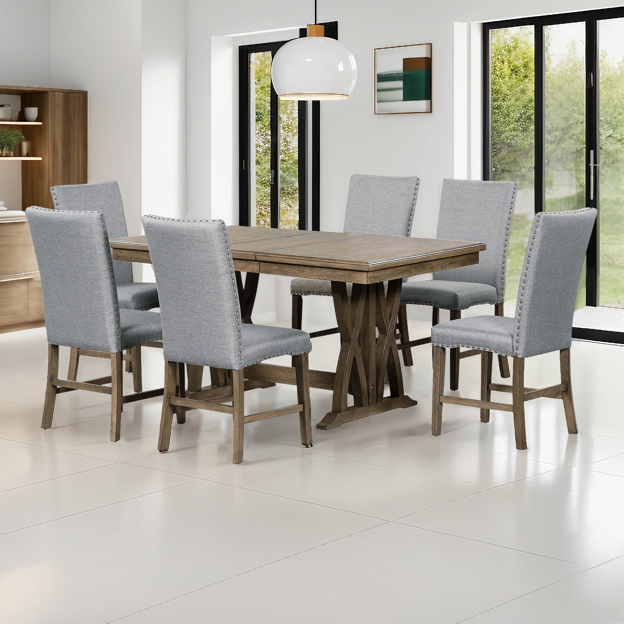 TOPMAX Mid Century Solid Wood 7-Piece Expandable Dining Table Set with Soft Cushioned Chair, Gold Brown+Gray Cushions