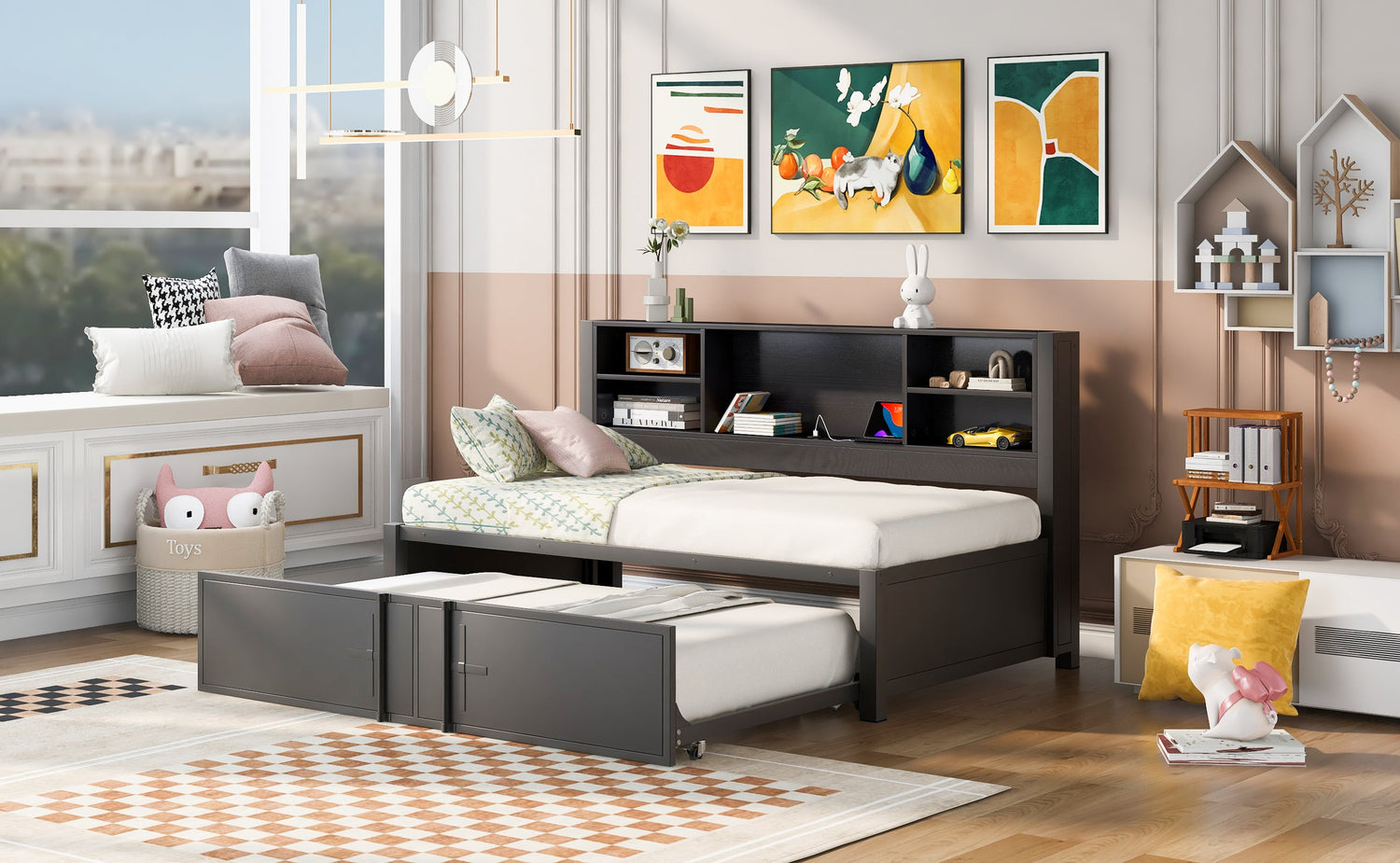 Metal Twin Size Daybed with Twin Size Trundle  Storage Shelves and USB Ports  Black
