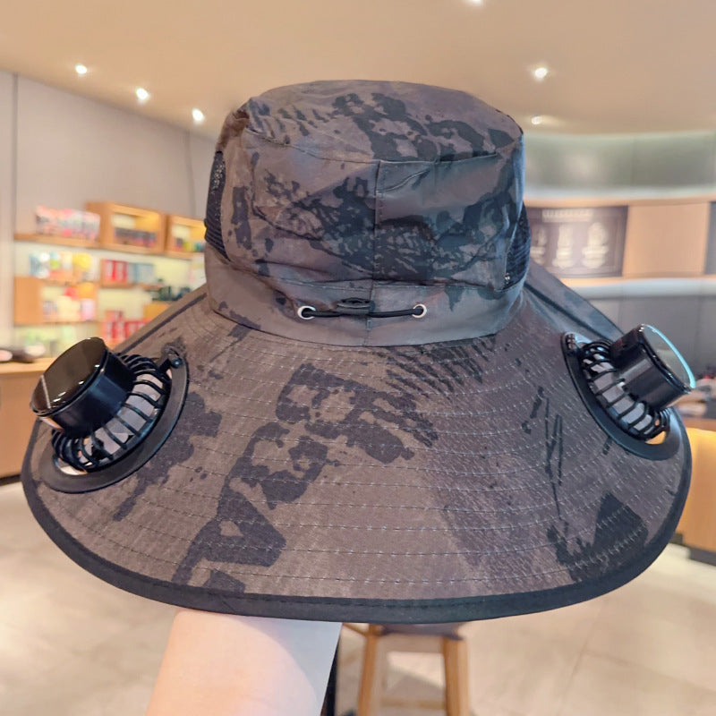 Solar powered fan large brim hat men&
