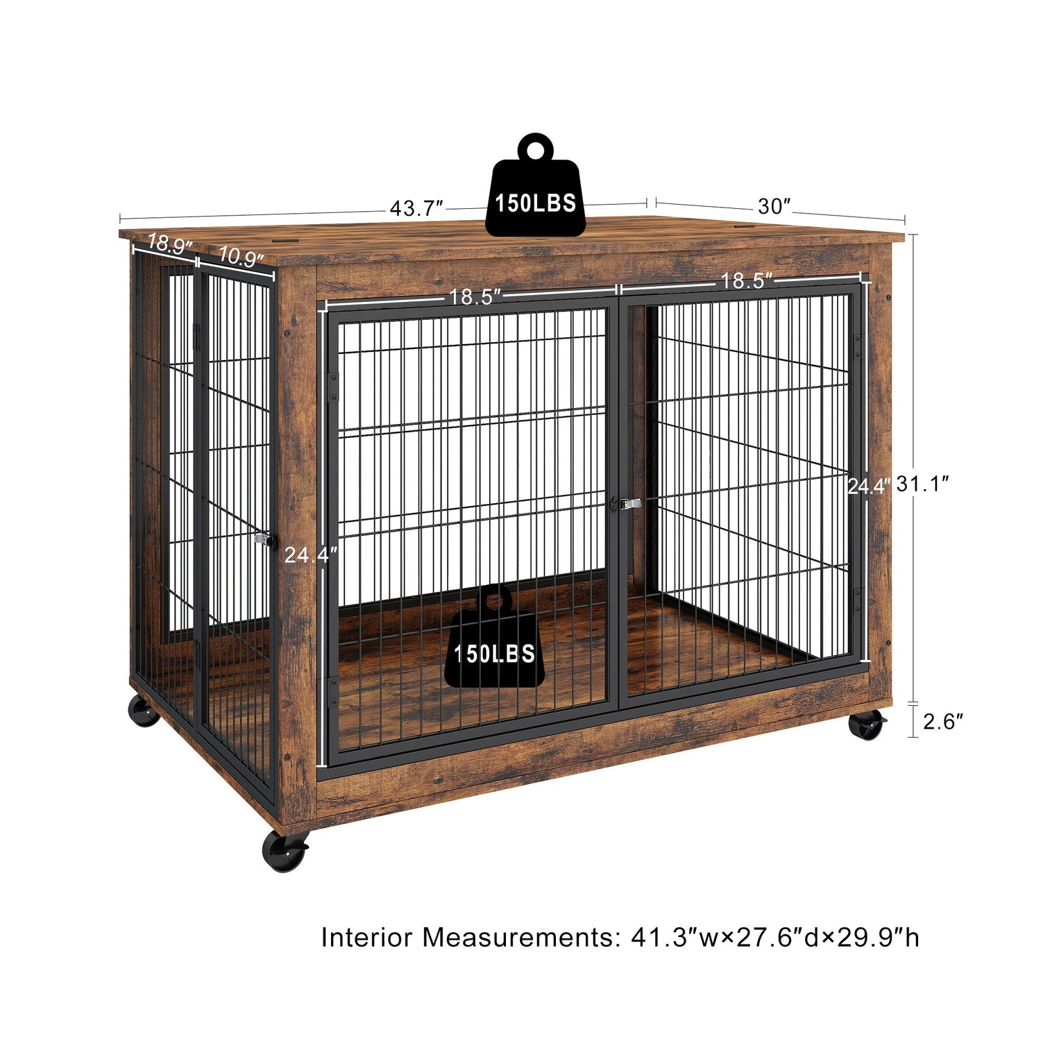 Furniture Style Dog Crate Side Table on Wheels with Double Doors and Lift Top. Rustic Brown, 43.7&