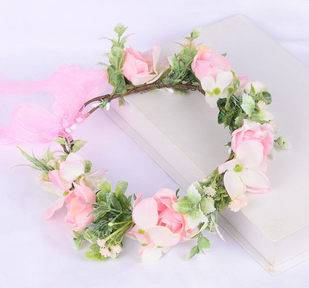 Spring flower wreath, fresh simulation flower headdress, green plants, flowers, crown, bride&