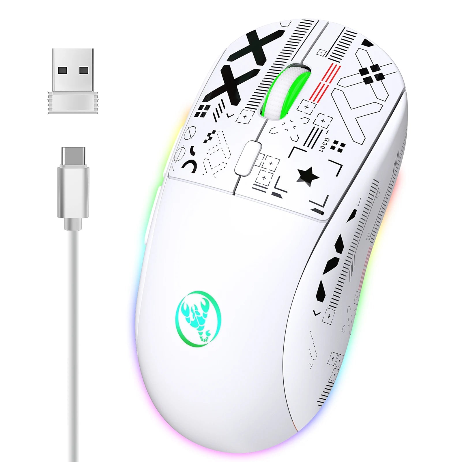 hxsj T90 2.4G Wireless Mechanical Mouse RGB Gaming Mouse Ergonomic 10 Million Keystroke 3600DPI Mouse 11 RGB Lighting Modes Mice