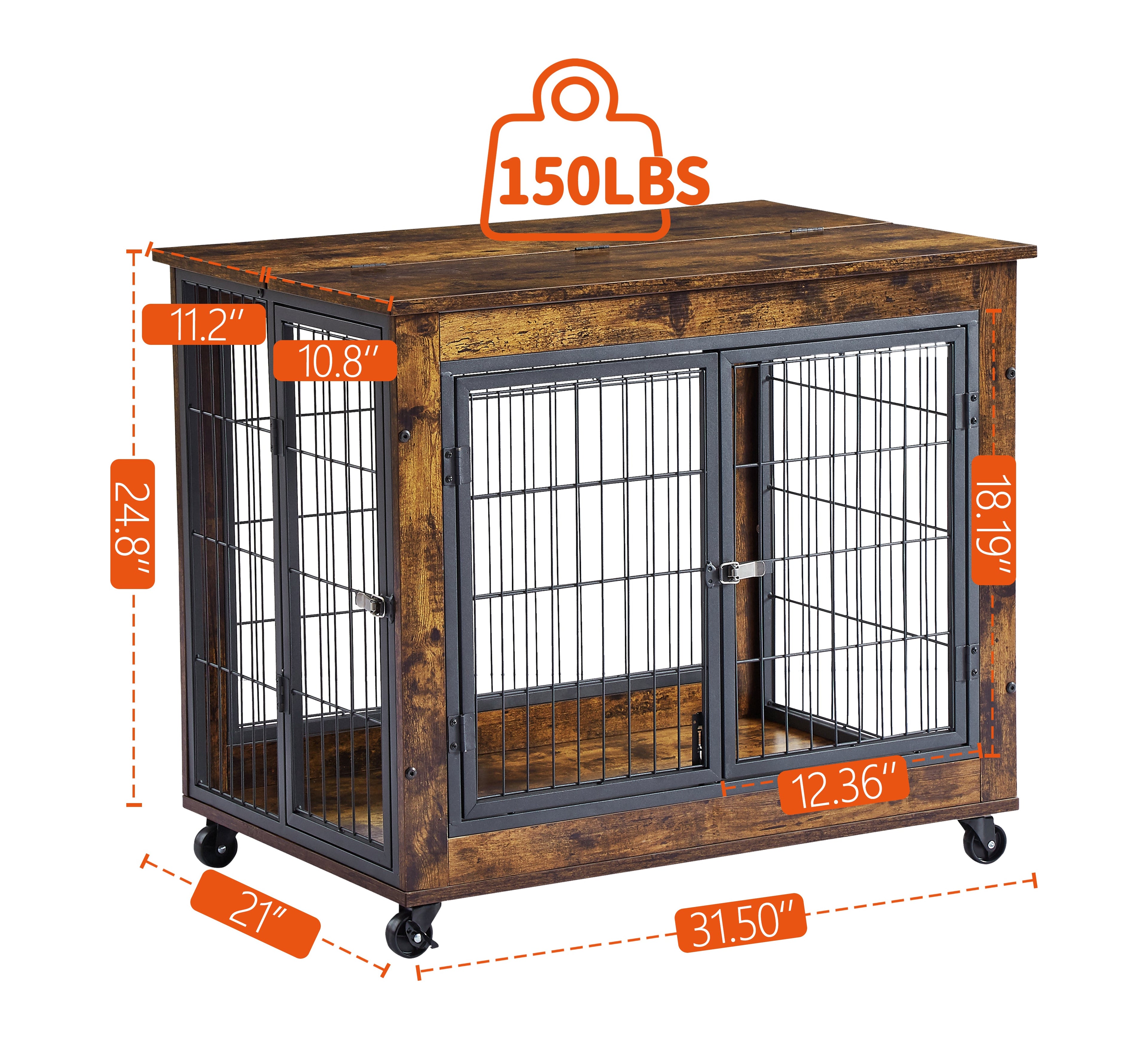 Furniture Style Dog Crate Side Table on Wheels with Double Doors and Lift Top. Rustic Brown, 31.50&
