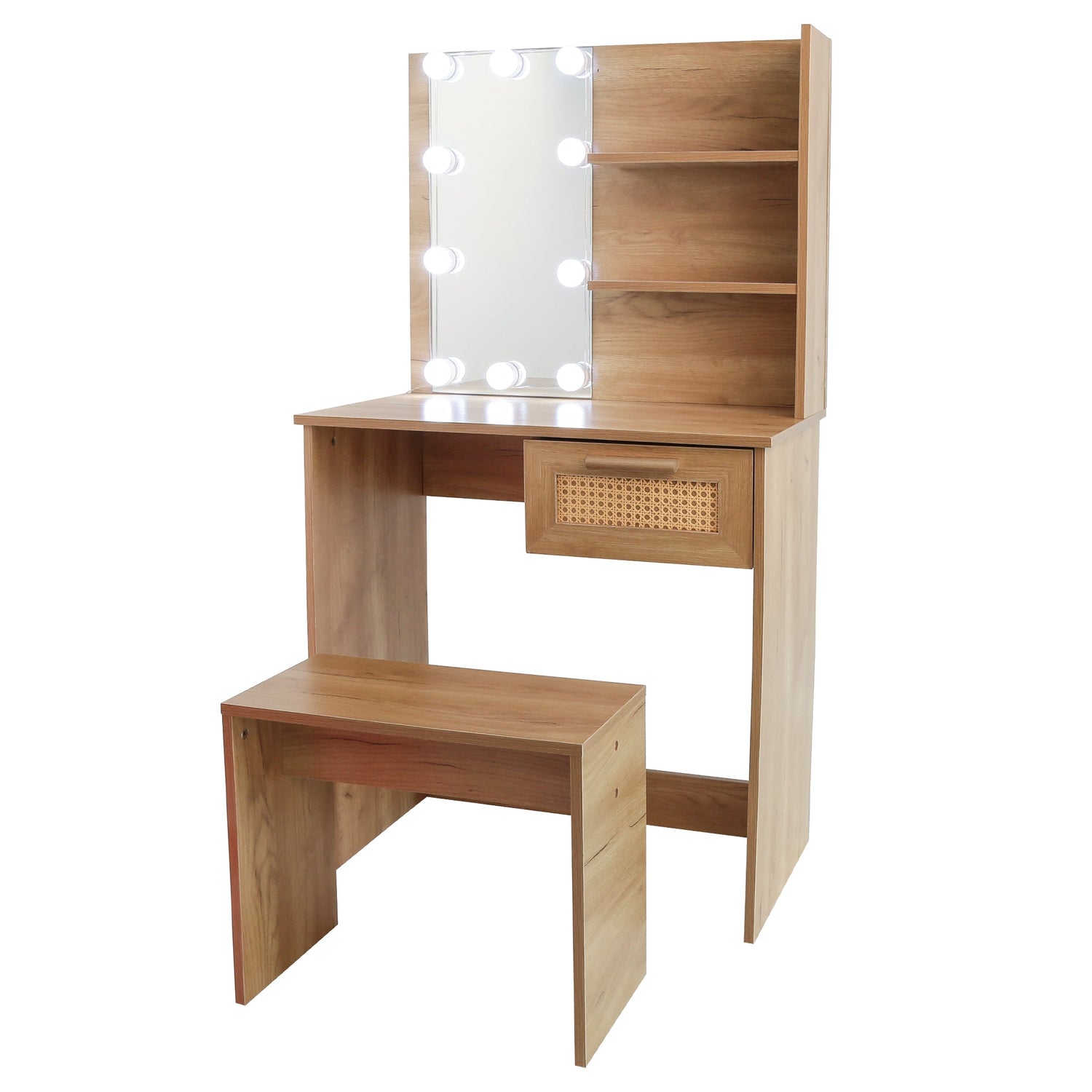 Vanity Desk Set Stool &amp; Dressing Table with LED Lighting Mirror Drawer and Wood Cosmetic Table Chest of Drawers Nature Color
