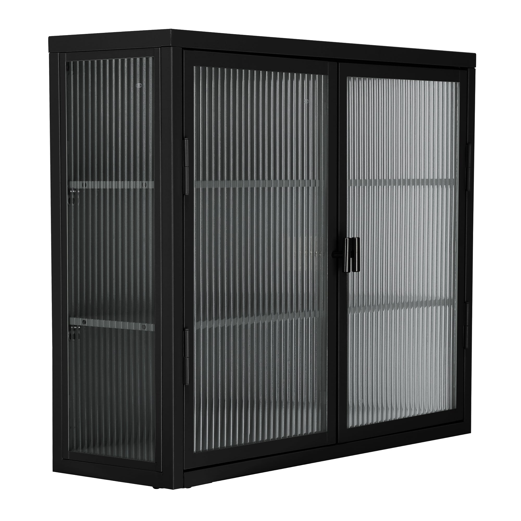 Retro Style Haze Double Glass Door Wall Cabinet With Detachable Shelves for Office Dining Room Living Room