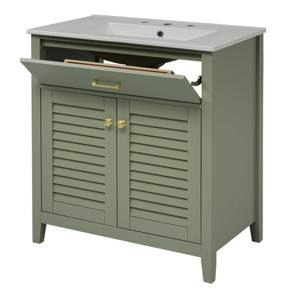 30-Inch Bathroom Vanity with Ceramic Sink Combination, Ample Storage - Features 1 Pullout and Multifunctional Shelf Dividers