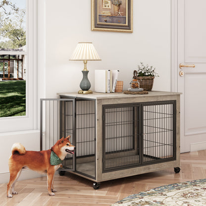 Furniture Style Dog Crate Side Table on Wheels with Double Doors and Lift Top.Grey,38.58&