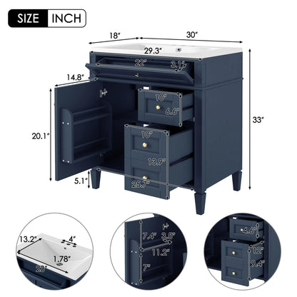 30 inch bathroom vanity with top sink, storage cabinet with 2 drawers and 1 drawer, single sink bathroom vanity